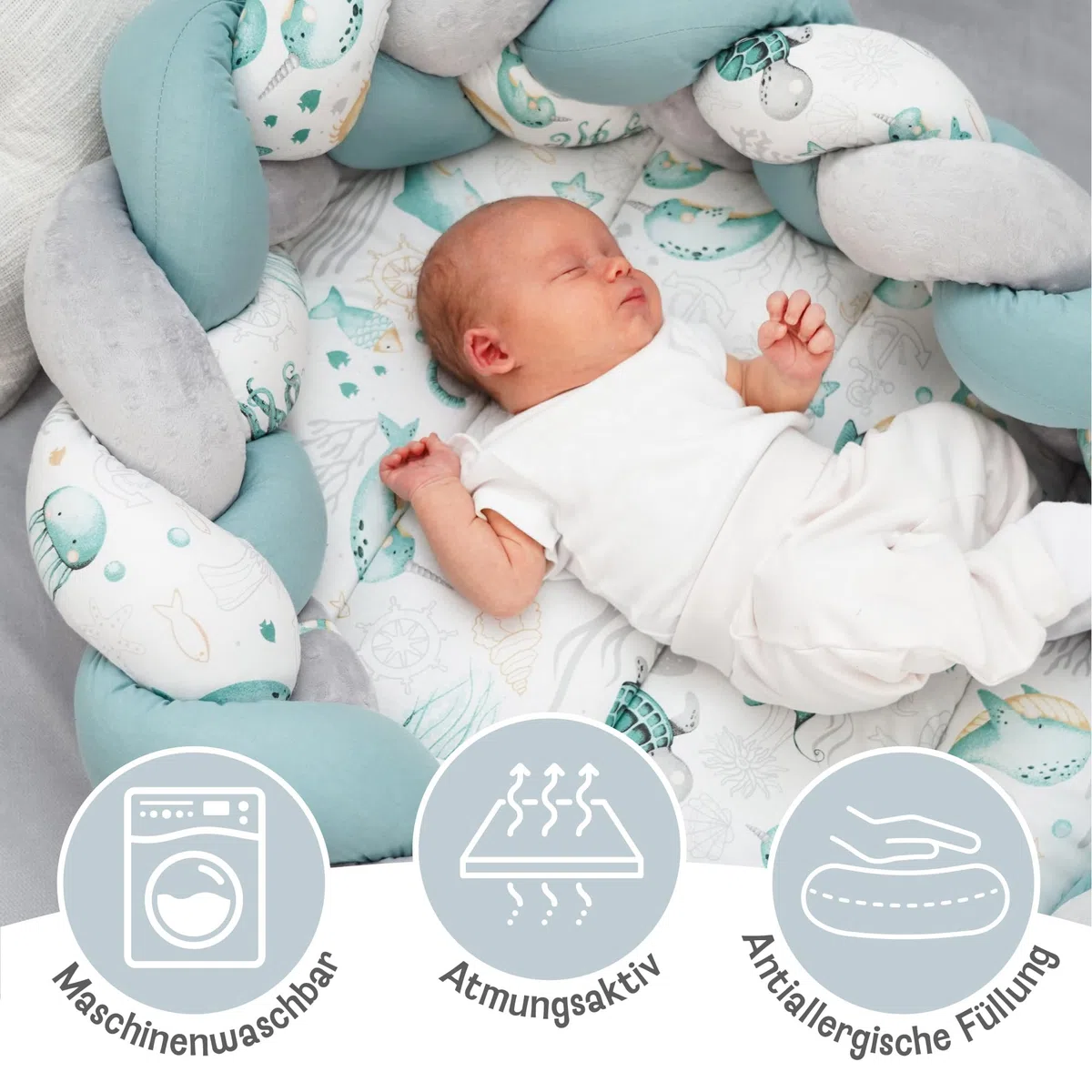 Babynest Neugeborene Nestchen Baby 75 x 45 cm – Plüschstoff Kuschelnest mit Zopf Kissen zerlegbares Set zweiseitig Babynestchen Babybett Wassertiere