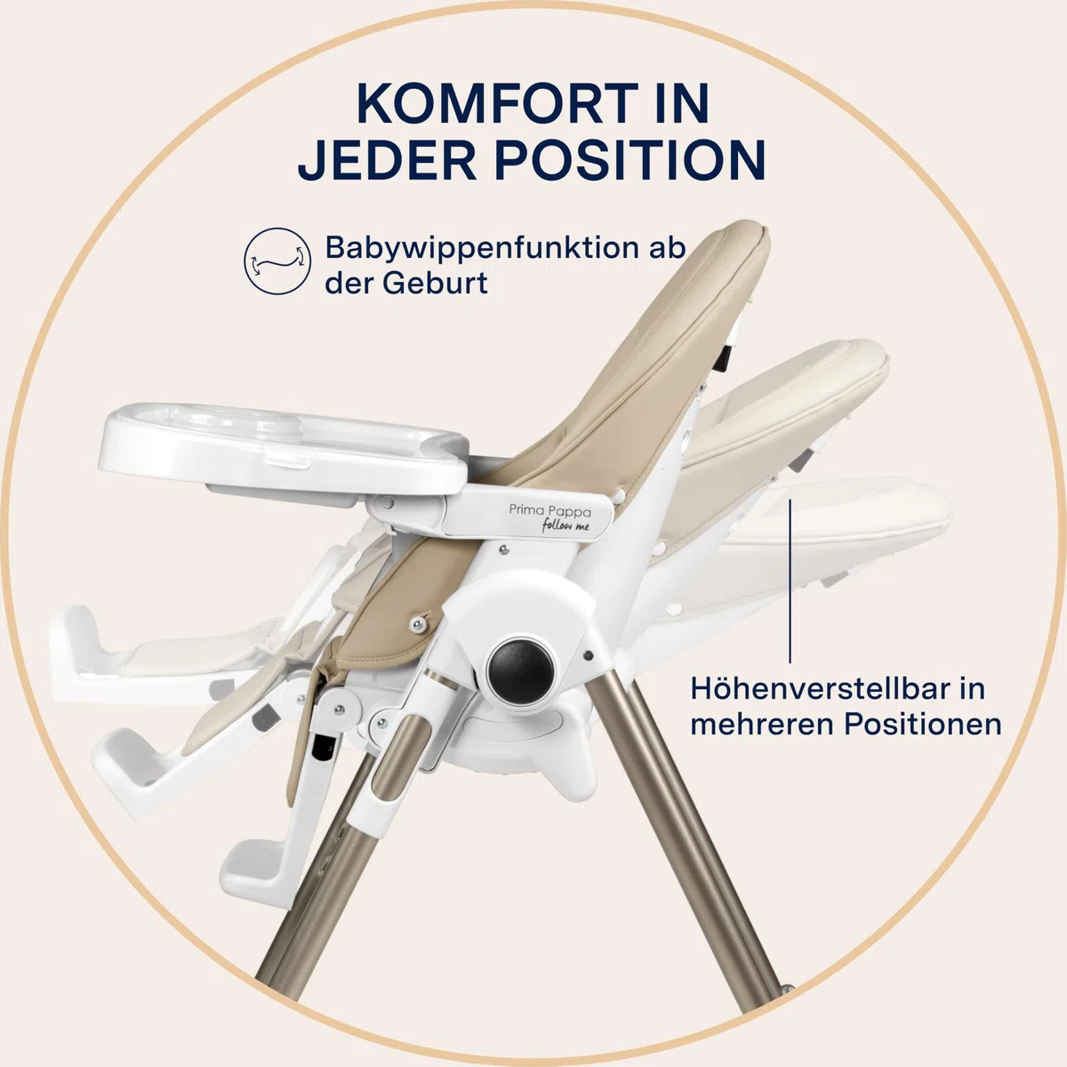 PEG Prima Pappa Follow Me Hochstuhl für Babys, neigbar, Liegefunktion, 4 Räder, faltbar, ultra-kompakt, 0-15 kg