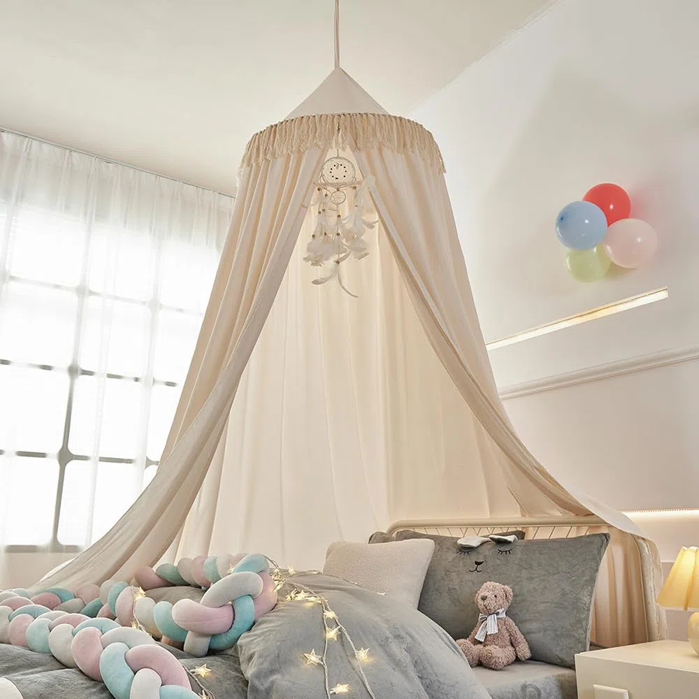 Groß Betthimmel Baldachin Babybett Beige Kinderbett Mädchen Khaki Kinder Baby Himmel Rund Hängendes Kuppel Moskitonnetz Deko 400cm