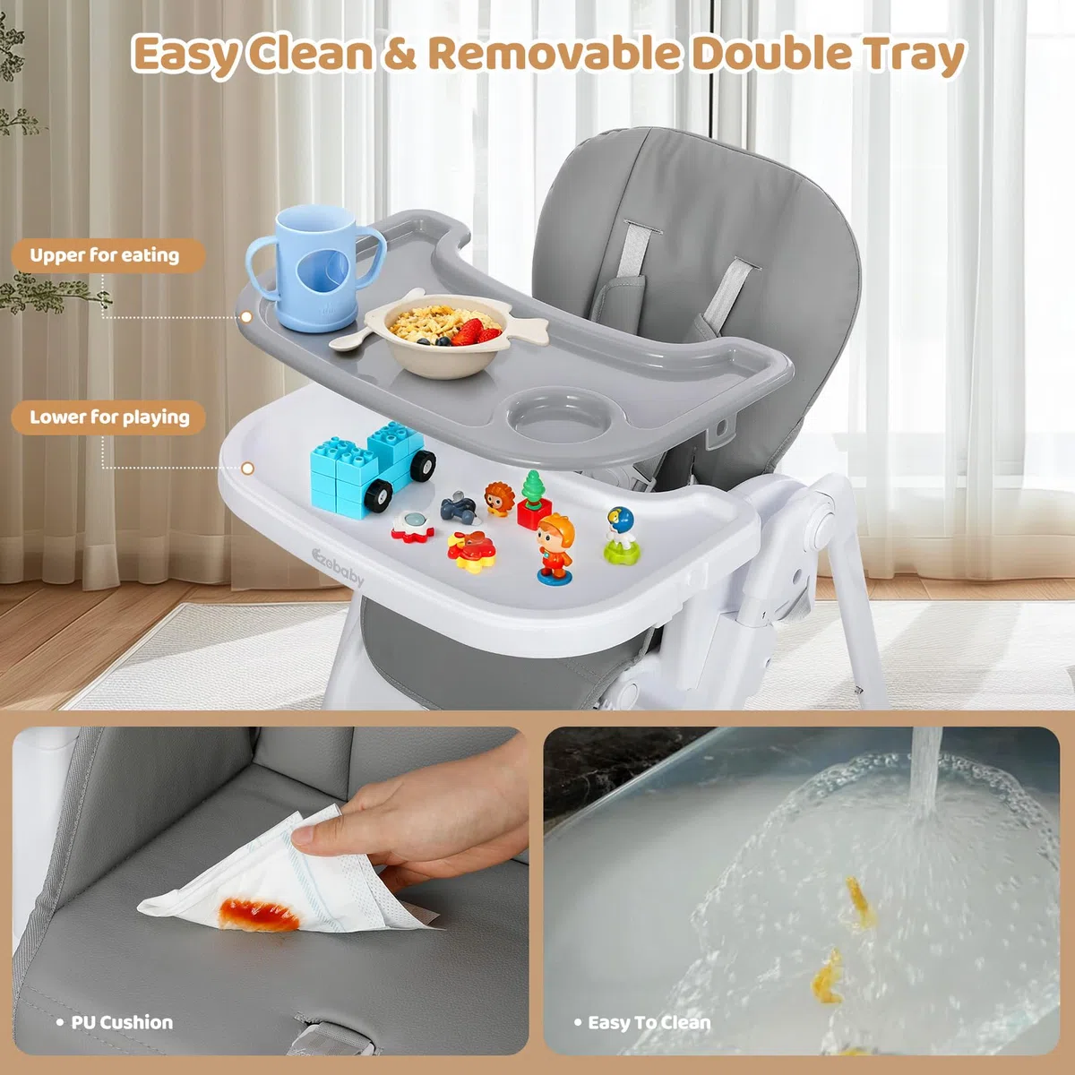 4-in-1 Baby Hochstuhl, höhenverstellbar, faltbar mit Spielbogen & Booster | 7-fach höhenverstellbar, Sitzerhöhung Booster-Funktion, PU-Sitz, Doppeltablett, Rollen mit Bremse, Kinderstuhl