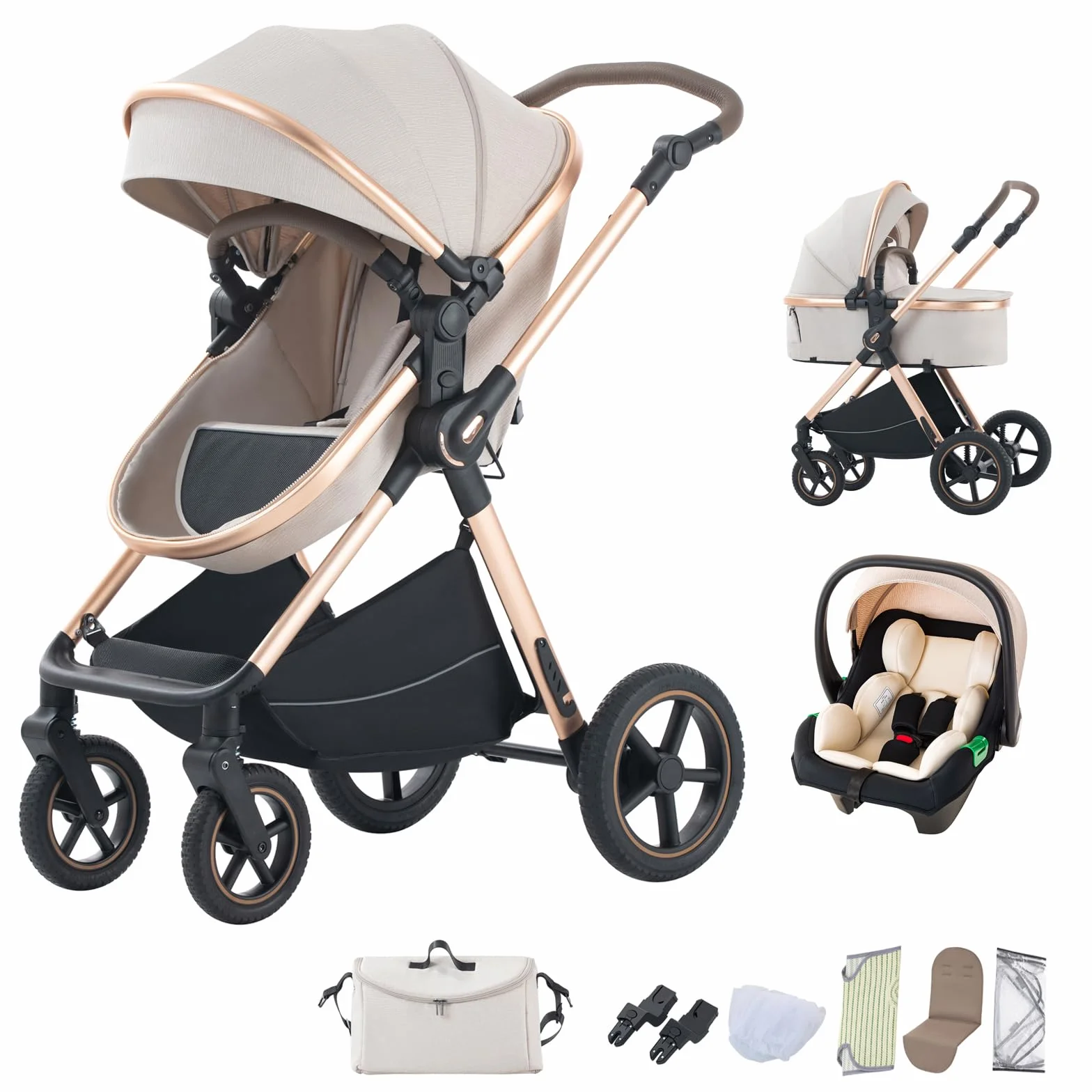 BEBBY 3-in-1 Kinderwagen Kombi-Set faltbar Luxus Neugeborenes Travel System (D2-RICEWHITE, H2-D)