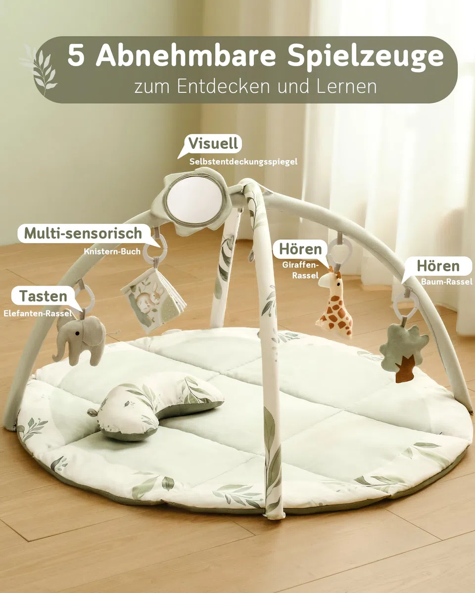 Fortella Spielbogen Baby, Spielmatte mit Bauchzeit Kissen und 5 Sensorik Spielzeug Abnehmbarem,Naturthemen Krabbeldecke für Babys ab der Geburt, Neugeborene & Kinder, 0-6-9-12 Monate-Salbeigrün