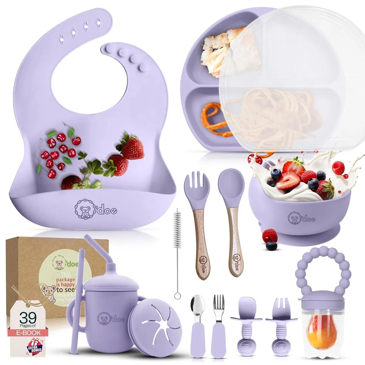 O'doe 17-teilig Baby LED-Entwöhnungszubehör für Kleinkinder, Babyfütterungsset | Saugnapf-Silikon-Babyschale, selbstverzehrende Utensilien mit Löffeln, Tassen, Lätzchen, Essteller-Set mit | Lila, V2