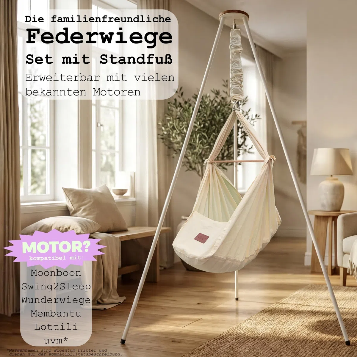 Honigbär Federwiege Set inkl. Standfuß (weiß) – Baby Hängematte TÜV-geprüft bis 40kg – Ergonomisches Nestchen mit Kapok-Matratze – Bio-Baumwolle – Universell motorisierbar - Schlaf wie im Mutterleib