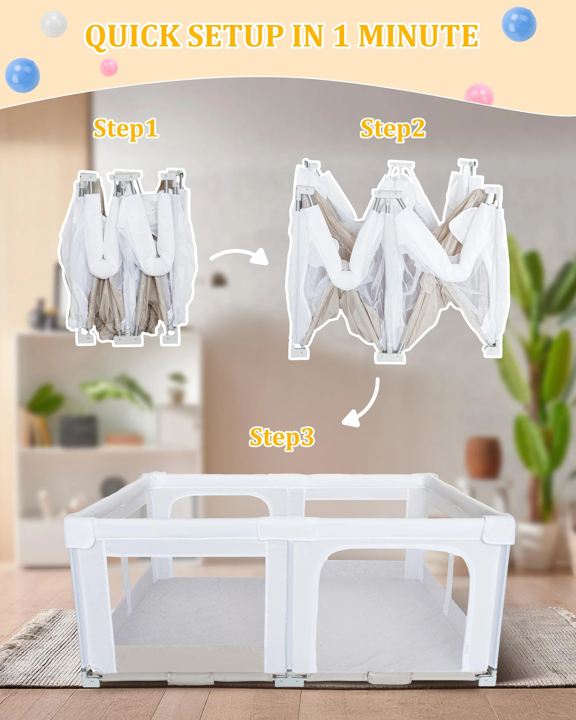 Großer und Faltbarer Laufstall für Baby: 180 x 150 x 75 cm Playpen,für Drinnen und Draußen,mit 20 Bällen,1 Basketballkorb,4 Griffen und 1 Reisetasche – Idealer Spielbereich für Kinder