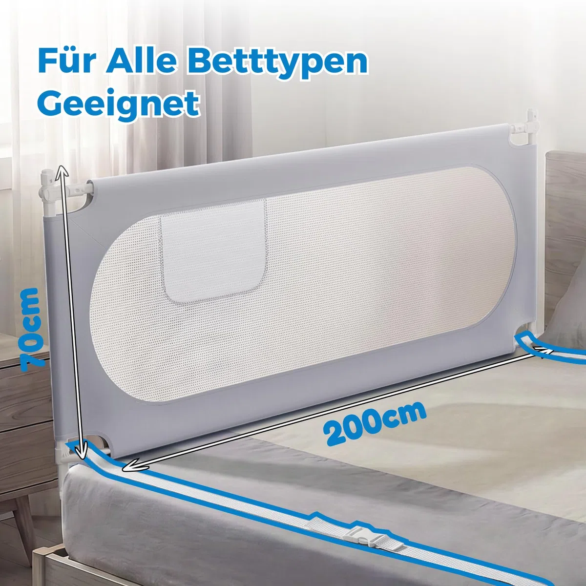 Stabiles Bettgitter 200cm – Rausfallschutz Bett U-förmiges für Boxspringbetten und die meisten Bettarten, Bettschutzgitter mit 2 Sicherheitsgurten für Kleinkinder geeignet