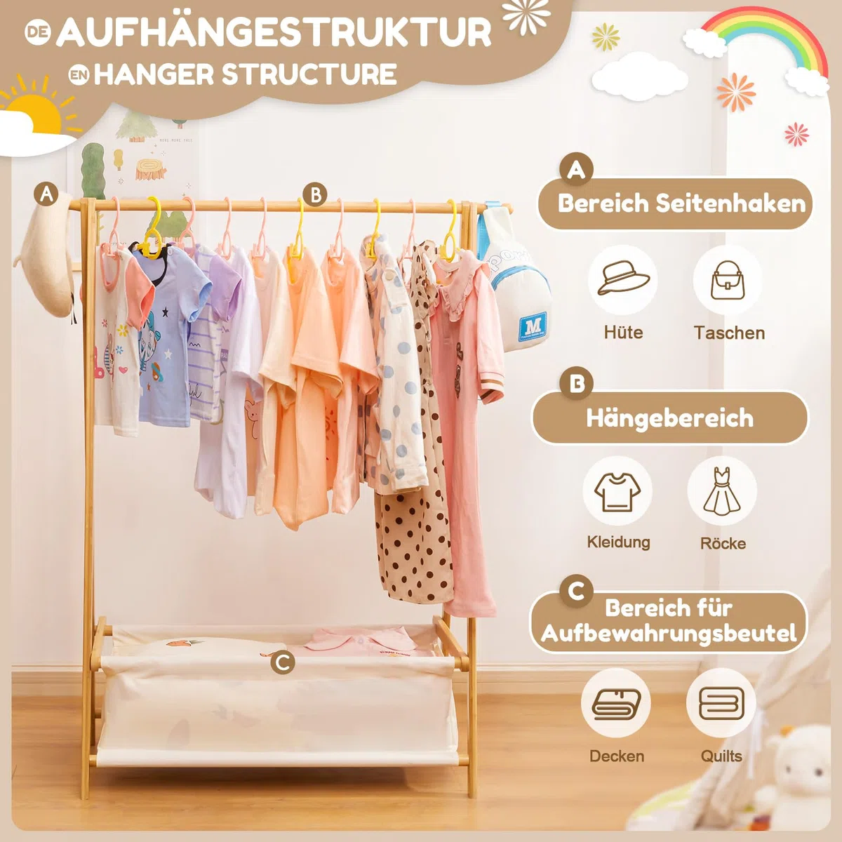 Yorbay Kinder Kleiderständer Bambus Garderobenständer mit Aufbewahrungskiste, Kindergarderobe mit Kleiderstange, für Baby- & Kleinkinderzimmer, Mädchen & Jungs (Natur)