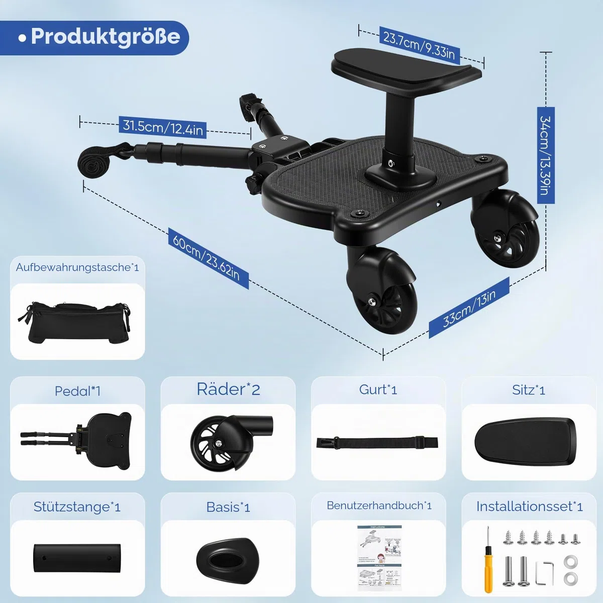 Mevip Buggy Board mit Sitz, Trittbrett Mitfahrbrett Universal, Kinderwagen Board mit Kinderwagen Organizer und Aufhängegurt,für 99% der Kinderwagen, Bearing 25KG
