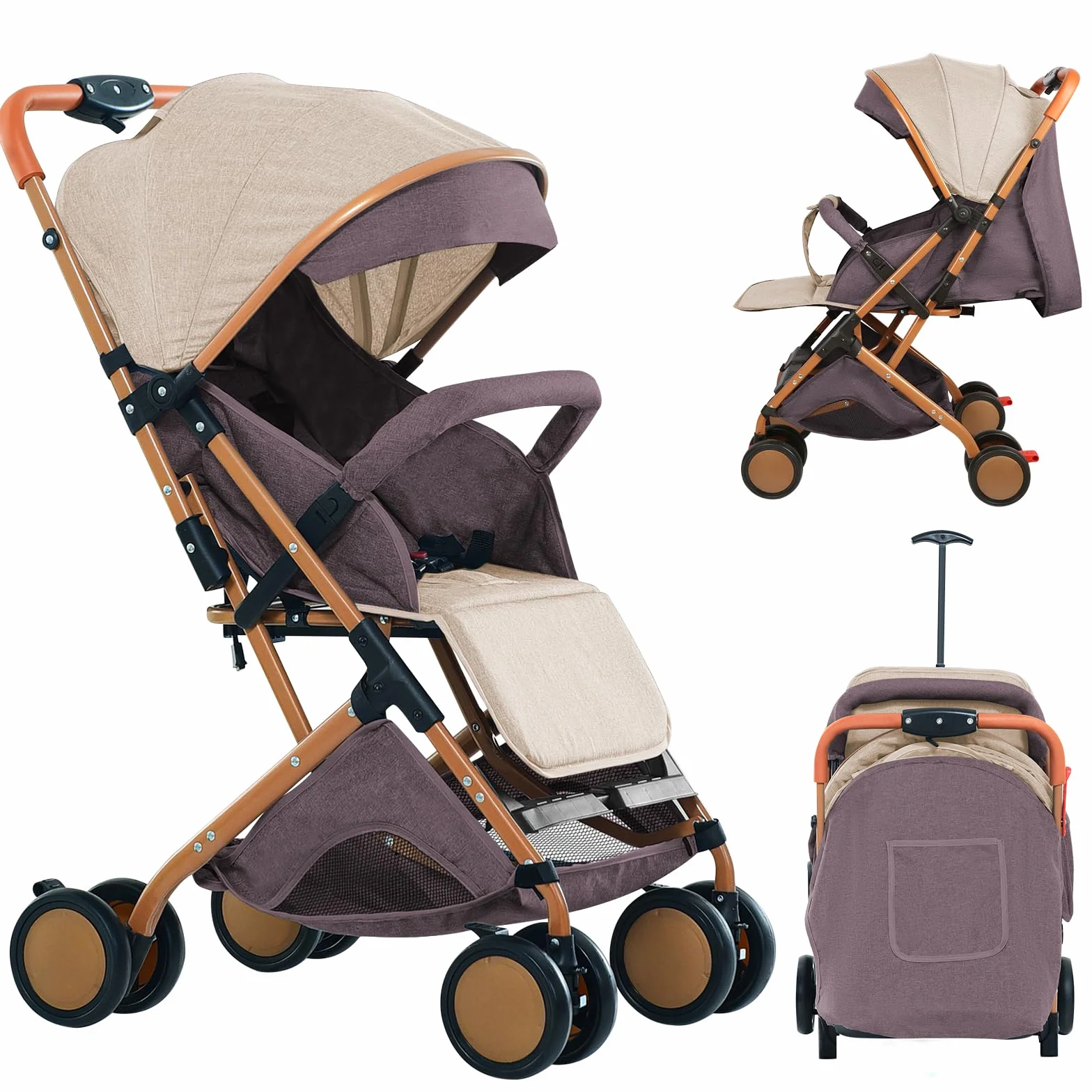 Homewell Federleichter Reisebuggy Faltbar, Kinderwagen, Liegefunktion, flache Liegeposition, kompakter Buggy inkl. Moskitonetze & Matten, 98 * 71 * 45cm (Khaki)