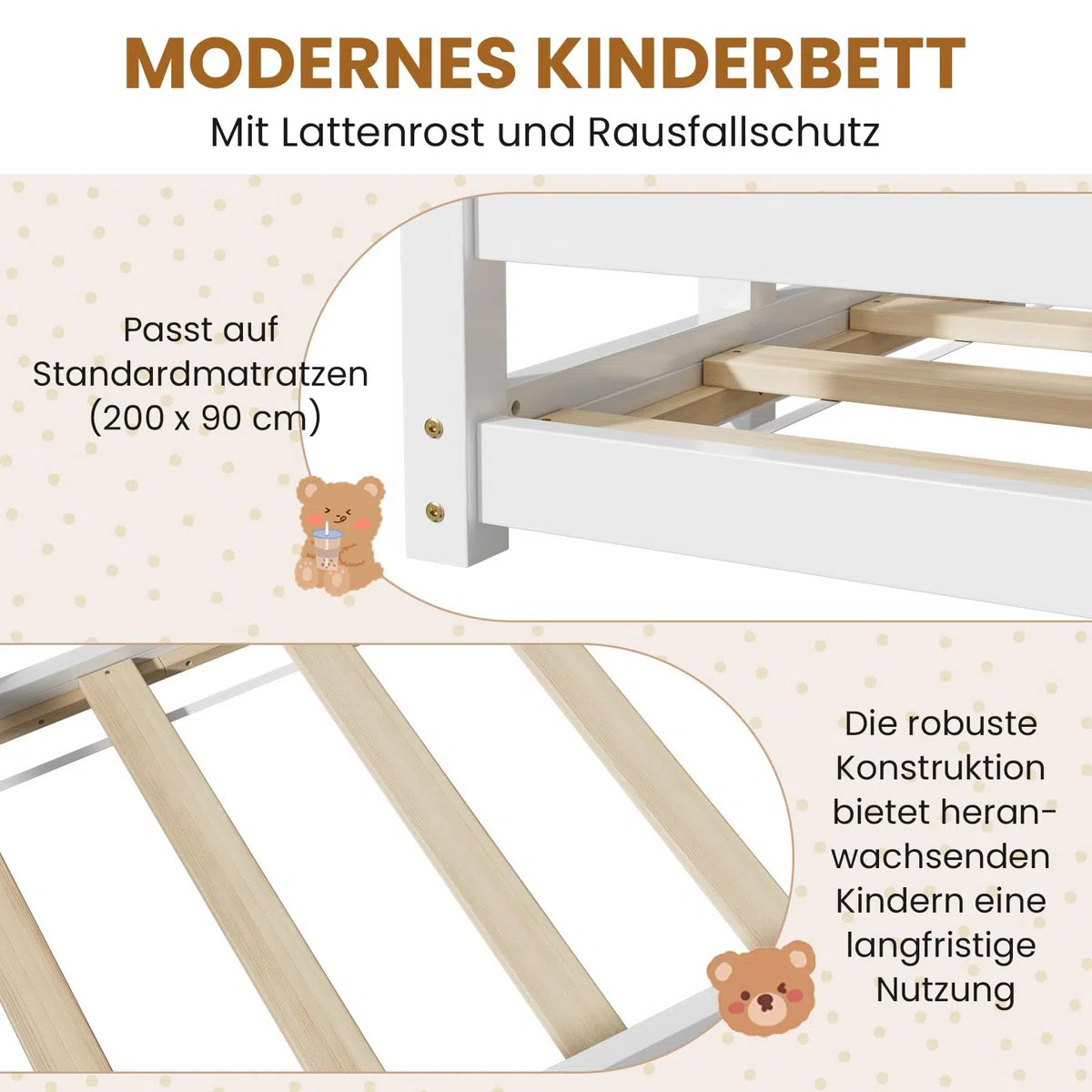 Bodenbett 90x200cm Montessori Kinderbett mit Rausfallschutz & Lattenrost Kiefer Massivholz bis 100 kg belastbar für Jungen Mädchen Kinder Bett