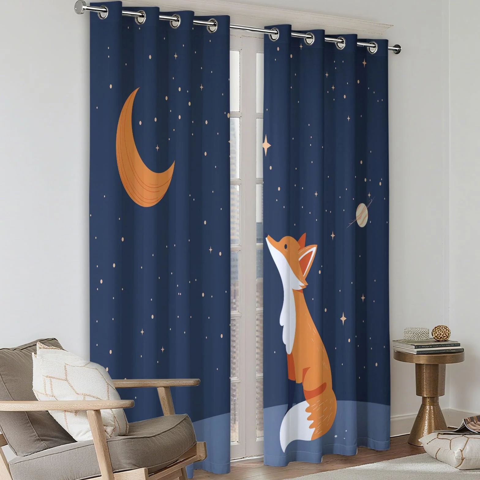 Blackout Vorhänge H166 x B150 cm Verdunkelung Vorhang mit Ösen, Cartoon Tier Fuchs Sterne Vorhang Dunkelblau Weich Polyester Vorhänge für Wohnzimmer Schlafzimmer und Kinderzimmer Dekorieren