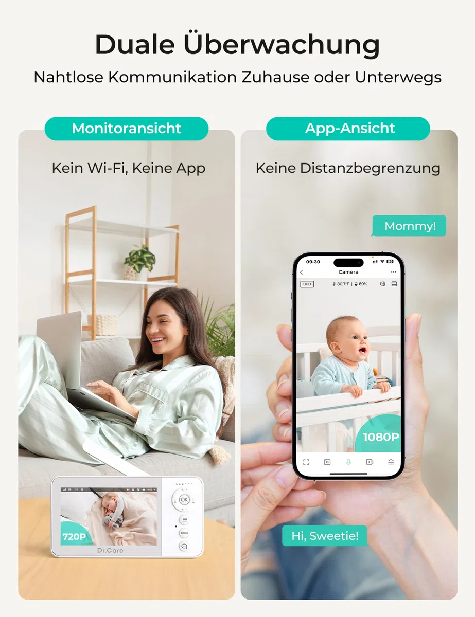 Dr.Care VistaView Lite RB Smart WLAN Babyphone mit Kamera - 4" 720P Split-Screen, 1080P Kamera, App-Steuerung, Nachtsicht, 2500mAh Herausnehmbare Batterie, 2-Wege-Audio, Bewegungsalarme