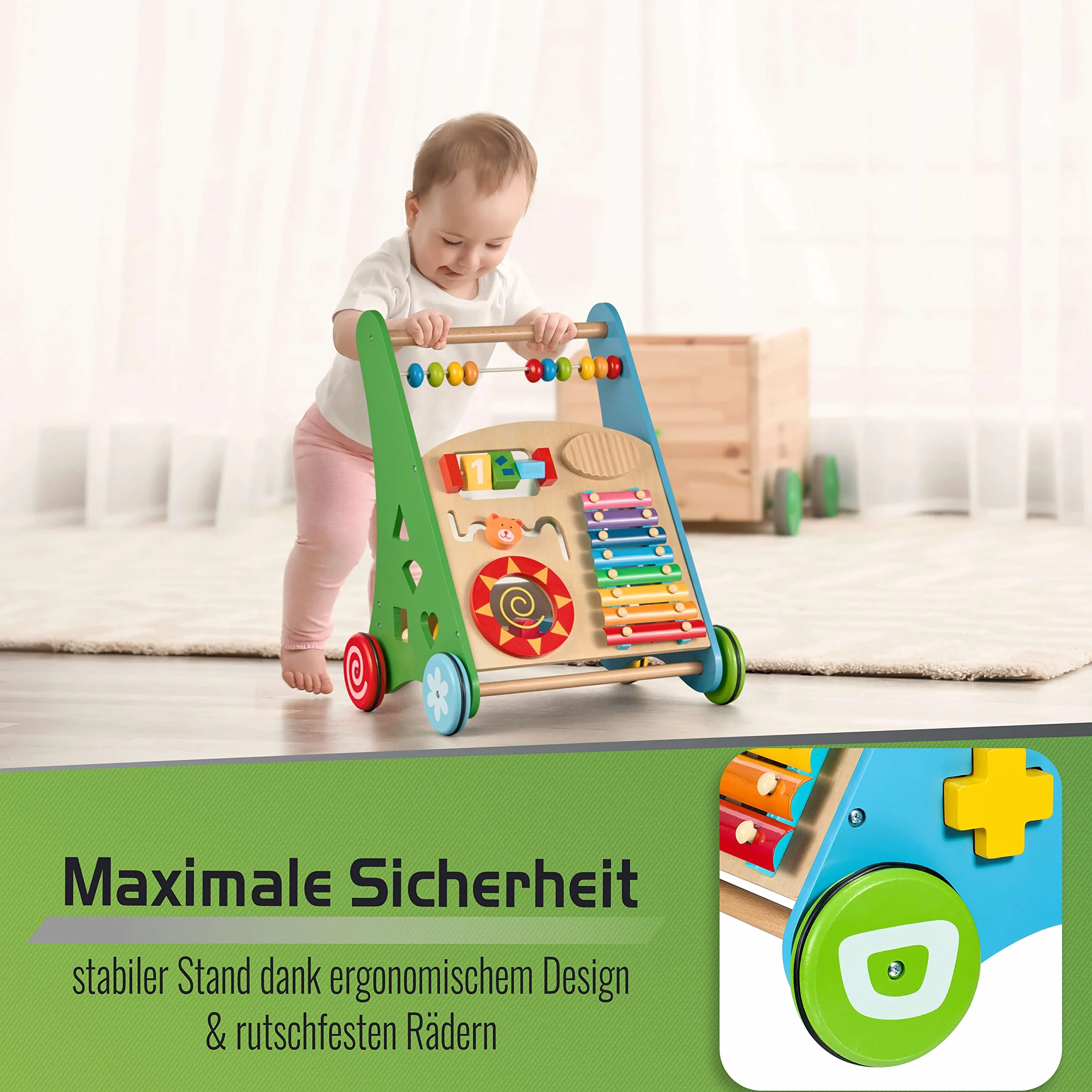 Balinco Lauflernwagen Holz, Lauflernhilfe Baby, Babywalker, Gehhilfe Baby, Lernlaufwagen, Motorikwagen, Kippsicher & Stabil, Handgefertigt, Echtholz