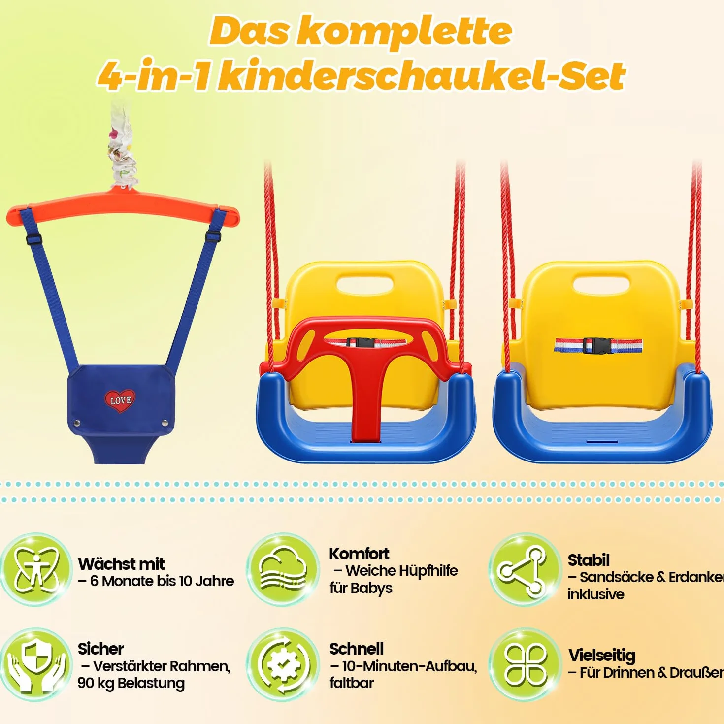 Babyschaukel & türhopser Baby 4-in-1 Set mit Gestell - Kinderschaukel, Baby Jumper mit Sicherheitsgurt, klappbar & 4 Sandsäcken - Für Drinnen & Draußen, einfach zu montieren