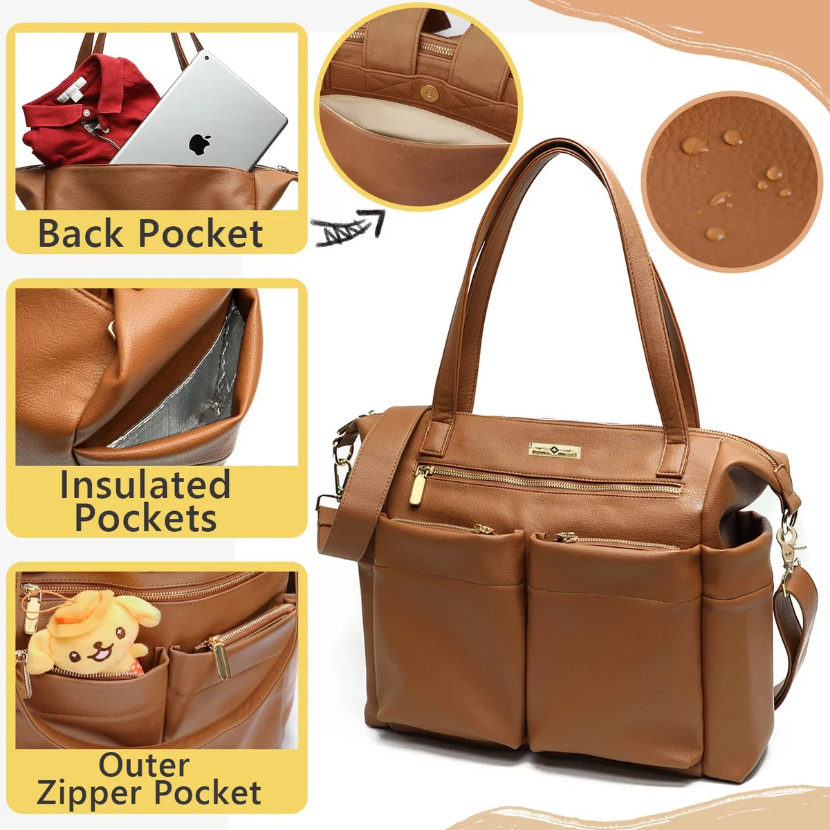 Baby Wickeltasche Miss Fong Wickelrucksack Tote Leder Wickeltaschen mit Wickelunterlage Babytaschen für Mama und Papa, isolierte Taschen, braun