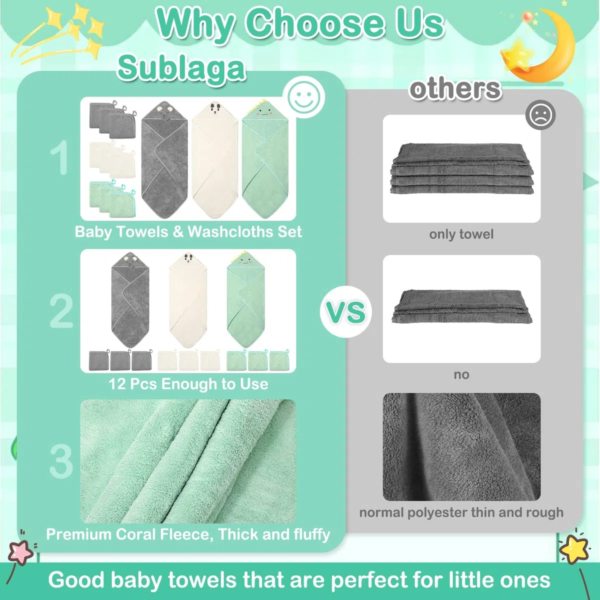 Sublaga 78,9 x 78,9 cm Baby-Kapuzenhandtücher, 9-teiliges Bad für Jungen, Waschlappen-Set mit niedlichem Design, Duschtuch, Geschenk für Neugeborene, Säuglinge und Kleinkinder