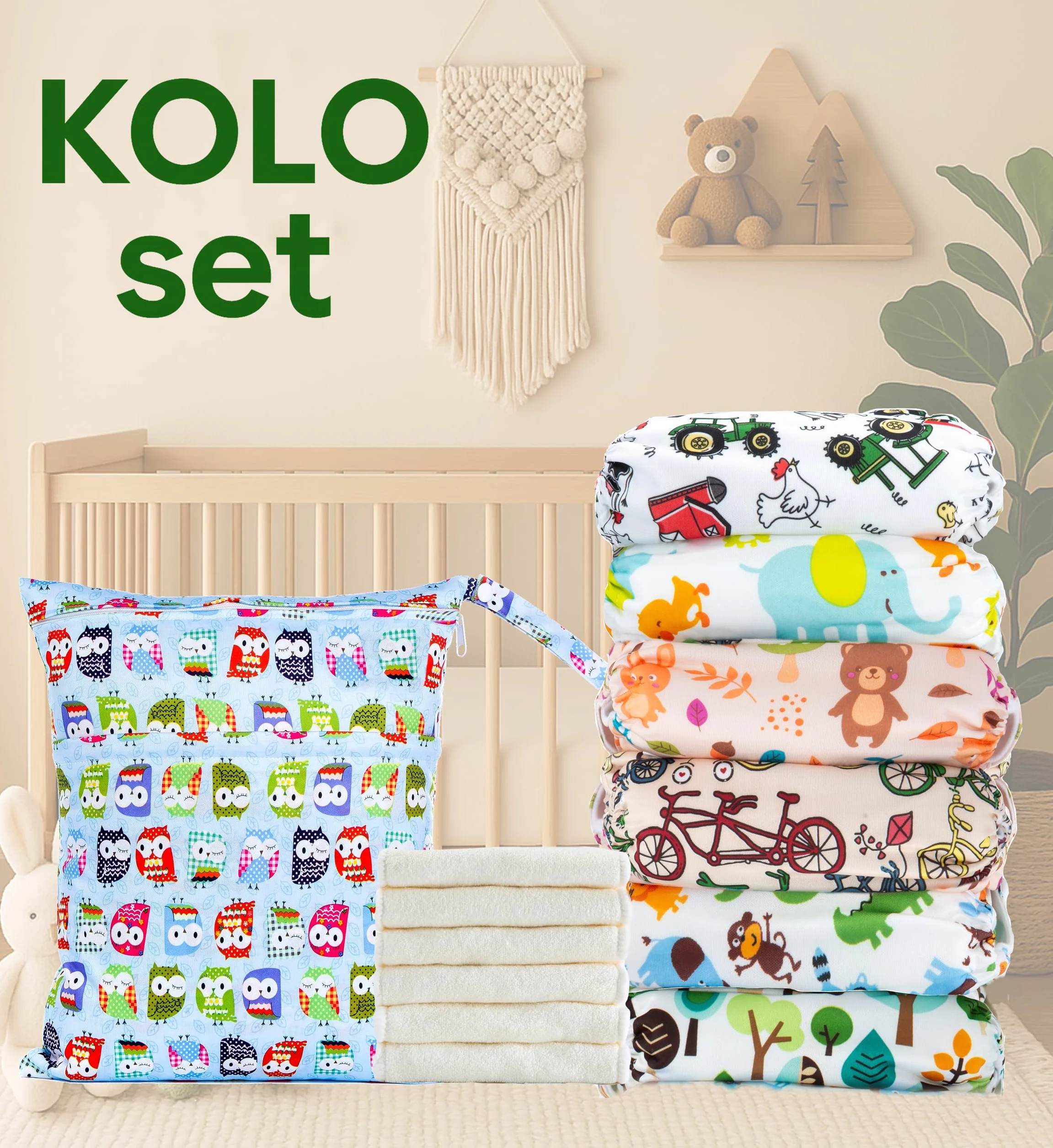 Kolo 6er set wiederverwendbaren Windeln + 6 Waschbare Stoffwindel einlagen bambus + Windeltasche für unterwegs, Unisex verstellbare Stoffwindeln, Mehrwegwindeln babys. Einzig: Oeko-Tex Standard 100