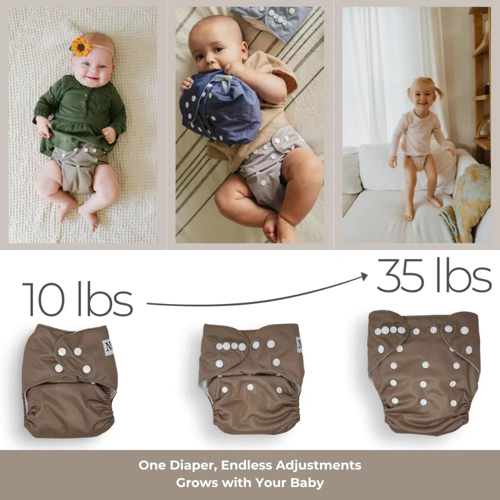 Nora's Nursery Stoffwindeln, 7er-Pack mit 7 Einsätzen und 1 Nassbeutel, wasserdichter Bezug, waschbar, wiederverwendbar und Einheitsgröße, verstellbare Taschenwindeln für Neugeborene und Kleinkinder