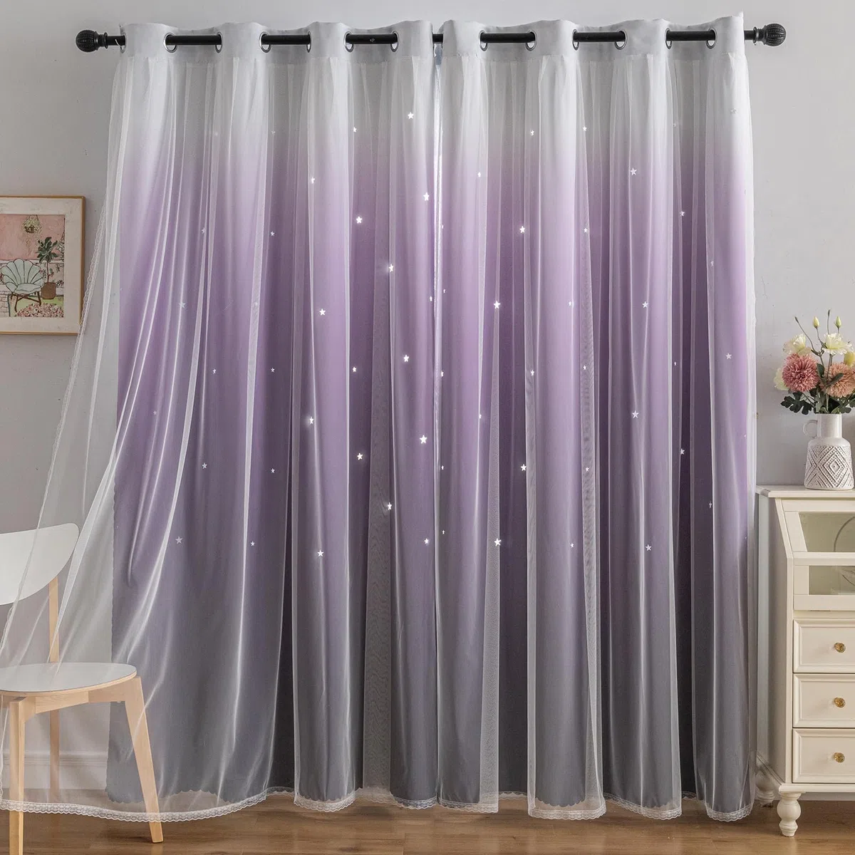 indistar Verdunklungsvorhänge für Schlafzimmer, 2-lagiges Design aus Stoff und Tüll, hübscher Fenstervorhang für Kinderzimmer, 1 Paneel (B132 x L213 cm Dunkelviolett)