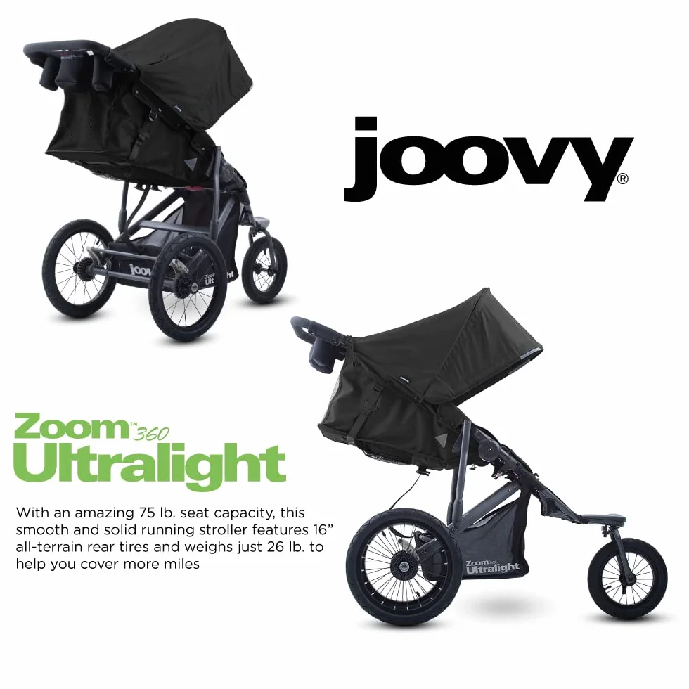 Joovy Zoom 360 Ultraleichter Jogging-Kinderwagen, Sports Buggy, großes Vordach, extra große luftgefüllte Reifen, schwarz