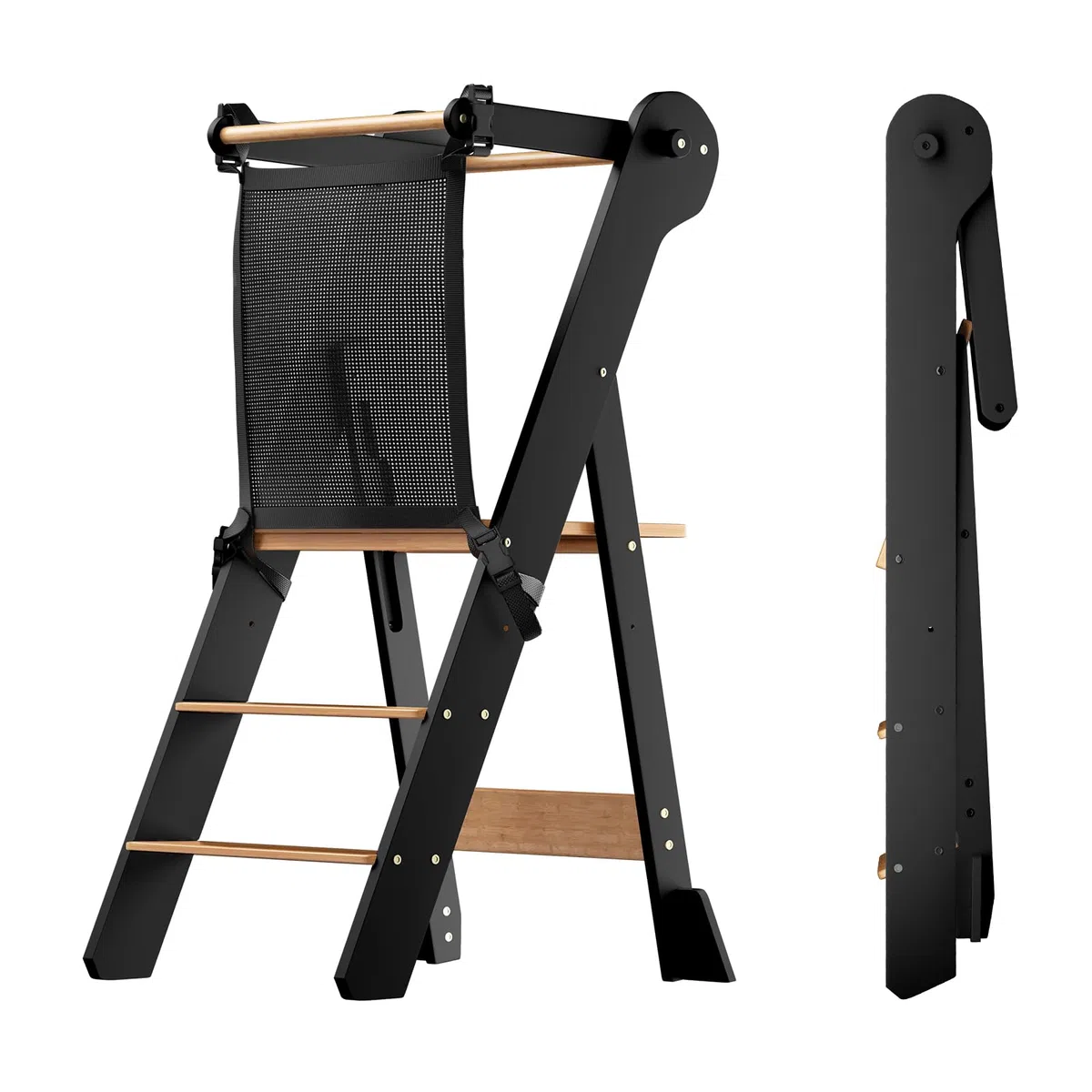 COSYLAND Lernturm ab 1 Jahr – Learning Tower 2-Fach höhenverstellbar & klappbar – Lernstuhl in Schwarz/Natur für Kinder – Montessori Stehturm aus Bambus – sicherer Tritthocker mit Kippschutz