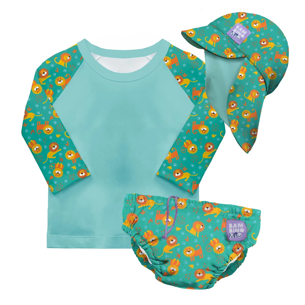 Bambino Mio UPF 40+ Set mit wiederverwendbaren Schwimmwindeln (2-3 Jahre) COOLE KATZEN | Enthält Schwimmwindelhose, Schwimm-Rashguard-Oberteil und Schwimmhaube für Babys und Kleinkinder