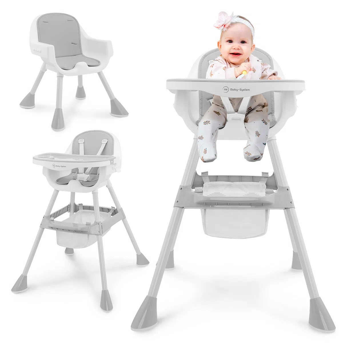 Moby-System Verstellbarer Hochstuhl Magnolia 2in1 mit Tablett und Kunstleder-Einlage – Grau, Ab 6 Monaten