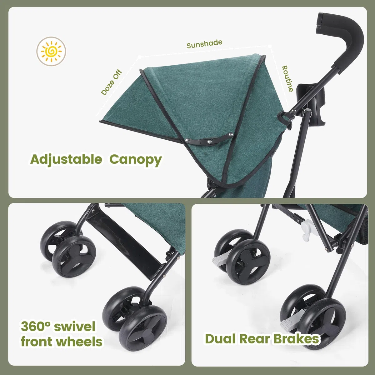 Faltbar Regenschirm Kinder-Buggy Kinderwagen, Leicht Regulierbarer 5-Punkt-Sicherheitsgurt, Zusammenklappen mit einer Hand, großes Verdeck, Robuster alle 4 Räder gedämpft, Einkaufskorb (Dunkelgrün)