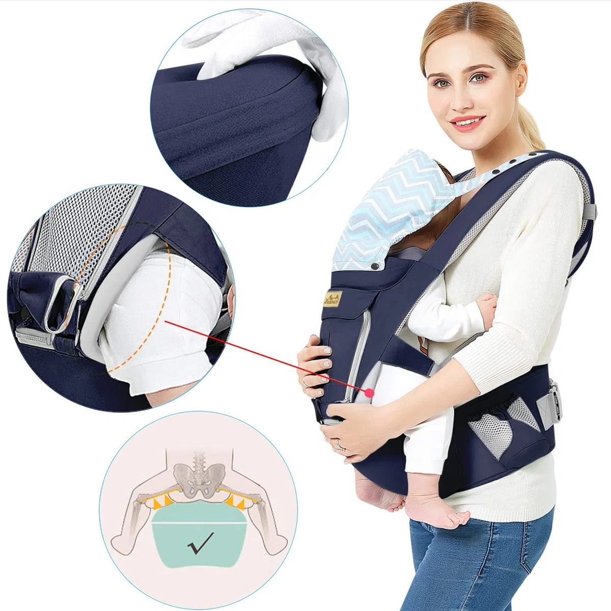 Viedouce Babytrage Ergonomische mit Hüftsitz/Reine Baumwolle Leicht und atmungsaktiv/Multiposition:Dorsal, Ventral, Einstellbar für Neugeborene und Kleinkinder von 3-48 Monate (3,5 bis 20 kg)