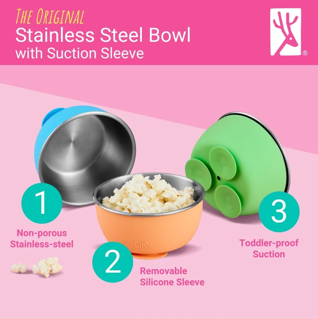 Elk and Friends Edelstahlschüsseln mit Silikonhülle für Babys und Kleinkinder, Deckel inklusive, Saugnapf zum Festhalten, Müsli- und Snackschalen, 4er-Pack
