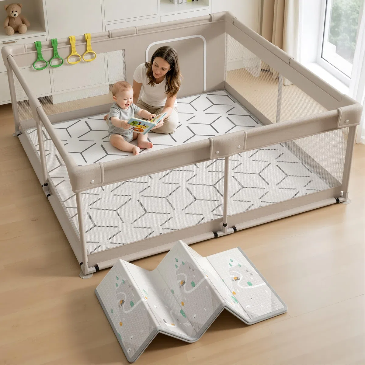 Laufstall Baby mit Matratze 150x150cm - Laufgitter Baby mit Faltbar Krabbelmatte und 4 Griffen, Playpen mit Spielmatte