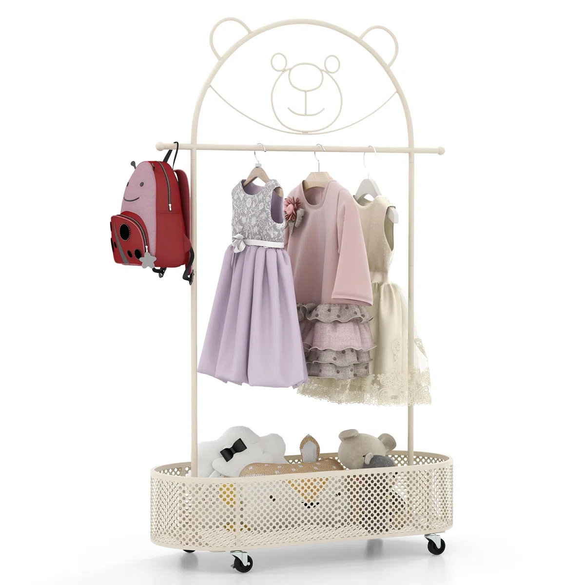 DREAMADE Kinder Kleiderständer mit Ablage & Kleiderstange, freistehender Kinder Kleiderstange auf Rollen, Höhenverstellbare Kindergarderobe aus Metall für Kinderzimmer Rosa (Weiß)