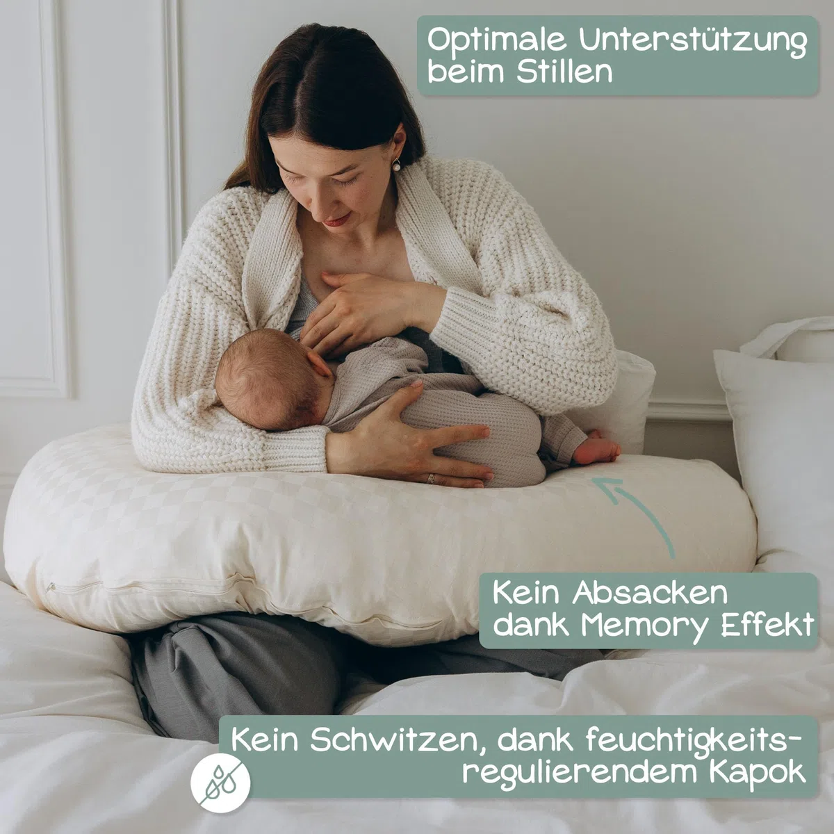 Stillkissen XXL Bio Baumwolle (Öko-Tex 100) mit Kapok Füllung (190x30cm) créme - Großes Baby-Kissen zum Schlafen, Stillen & Flasche geben, Schwangerschaftskissen & Seitenschläferkissen