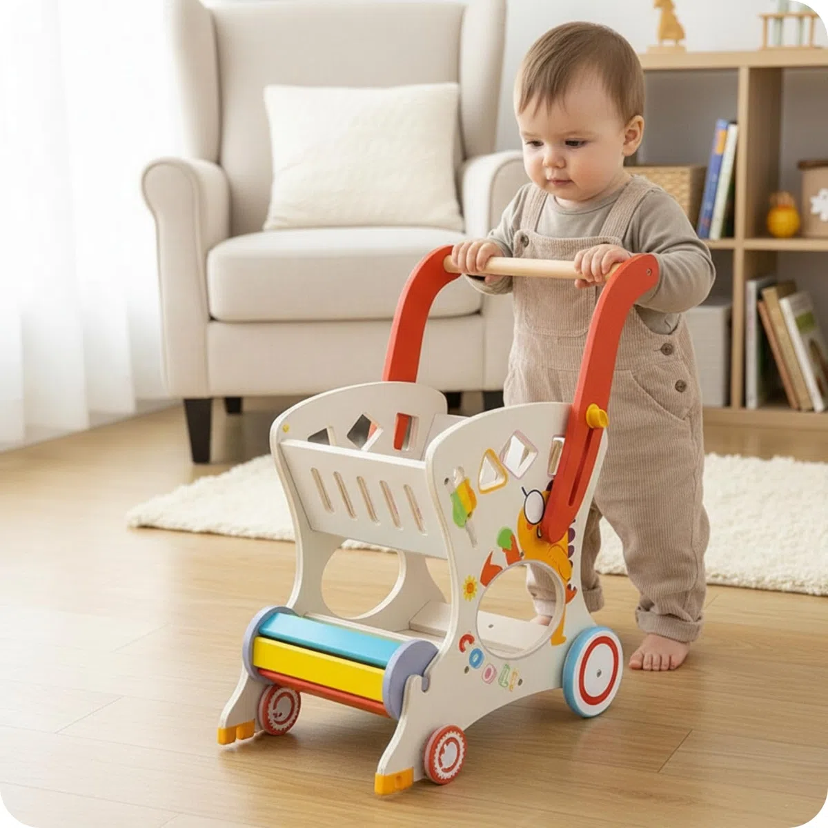 Colcolo Kinder Lauflernwagen Laufhilfe Babywagen Spielwagen Holz Kinderwagen mit Stabilem Rahmen Und Schiebekorb Fördert Frühes Gehen Und Fantasiespiele für Kleinkinder Drinnen Spielzimmer Geschenk