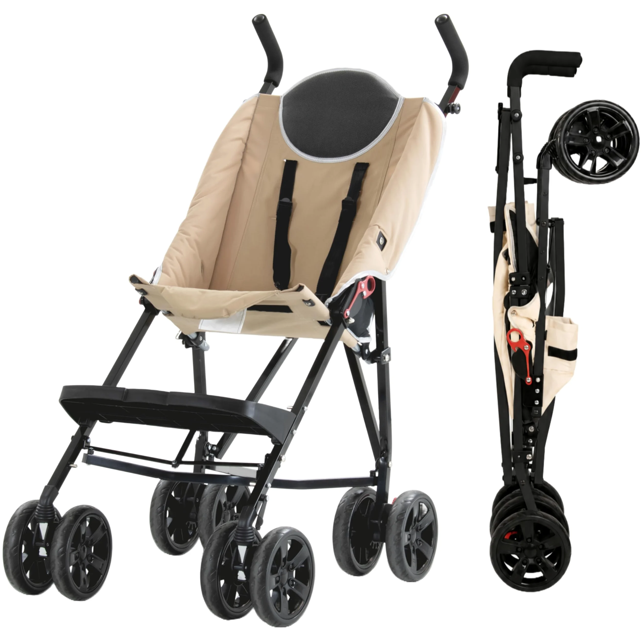 MobiQuip XL Reha-Buggy bis 50 kg Rehabilitations-Kinderwagen für Kinder mit besonderen Bedürfnissen Leichter, faltbarer Aluminiumrahmen Verstellbare Fußstütze 5-Punkt Sicherheitsgurt Sand
