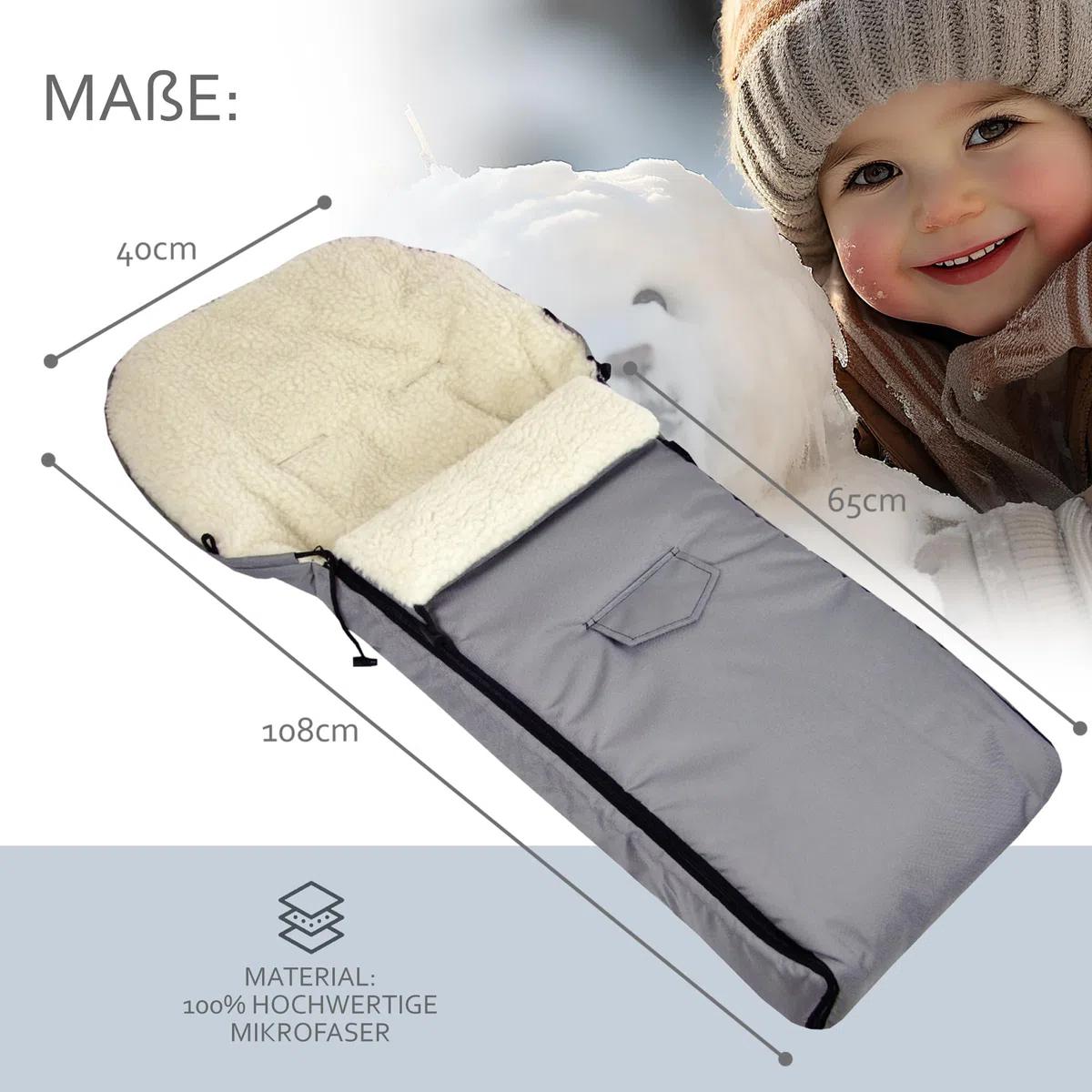 Kombi-Angebot [Holz-Schlitten + universaler Winterfußsack 108cm] Rodel mit Rückenlehne und Zugseil Fußsack geeignet für Babyschale Kinderwagen Buggy mit Lammwolle (schwarz (108cm))
