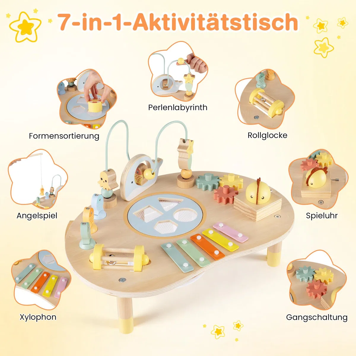COSTWAY Aktivitätstisch Holz, Baby Montessori Spieltisch mit Motorikschleifen, Angelspiel, Xylophon, Spieluhr, Formensortierer, Motoriktisch Lernspielzeug für Kinder ab 1 Jahr