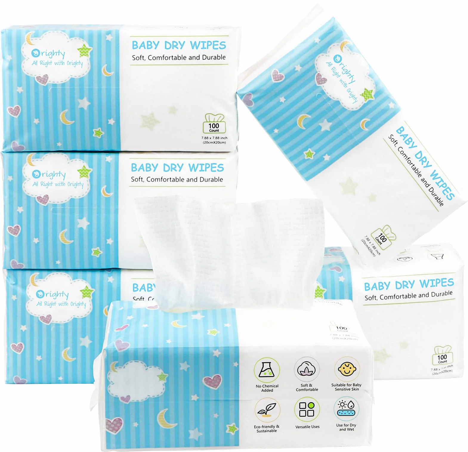 Orighty Trockene Babytücher, superweiche und sanfte Tücher für Babys, nass oder trocken verwendbar, 100% parfümfreies Gewebe für empfindliche Babyhaut, ideal für Windelwechsel, Fütterung