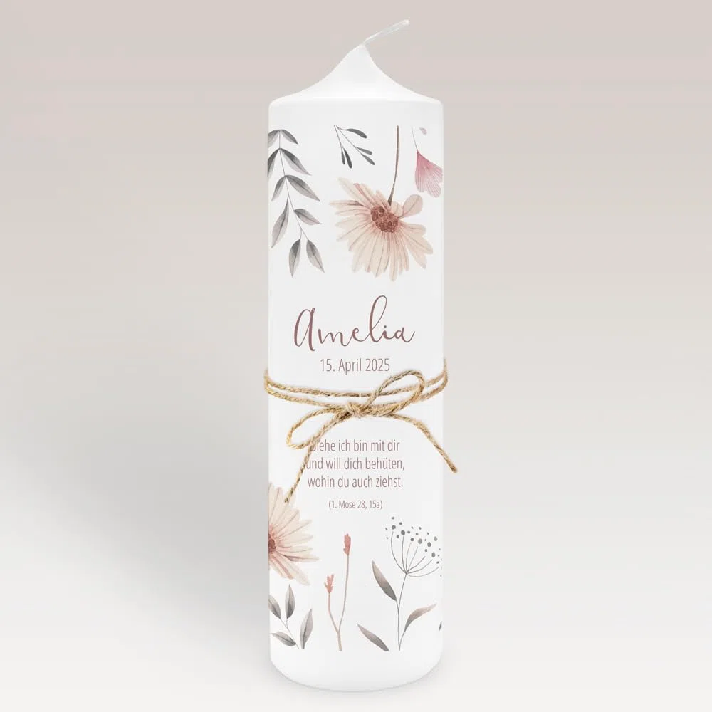 Taufkerze Mädchen Blumen modern personalisiert mit Namen & Taufspruch, online selbstgestalten, inkl. Jutebandverzierung
