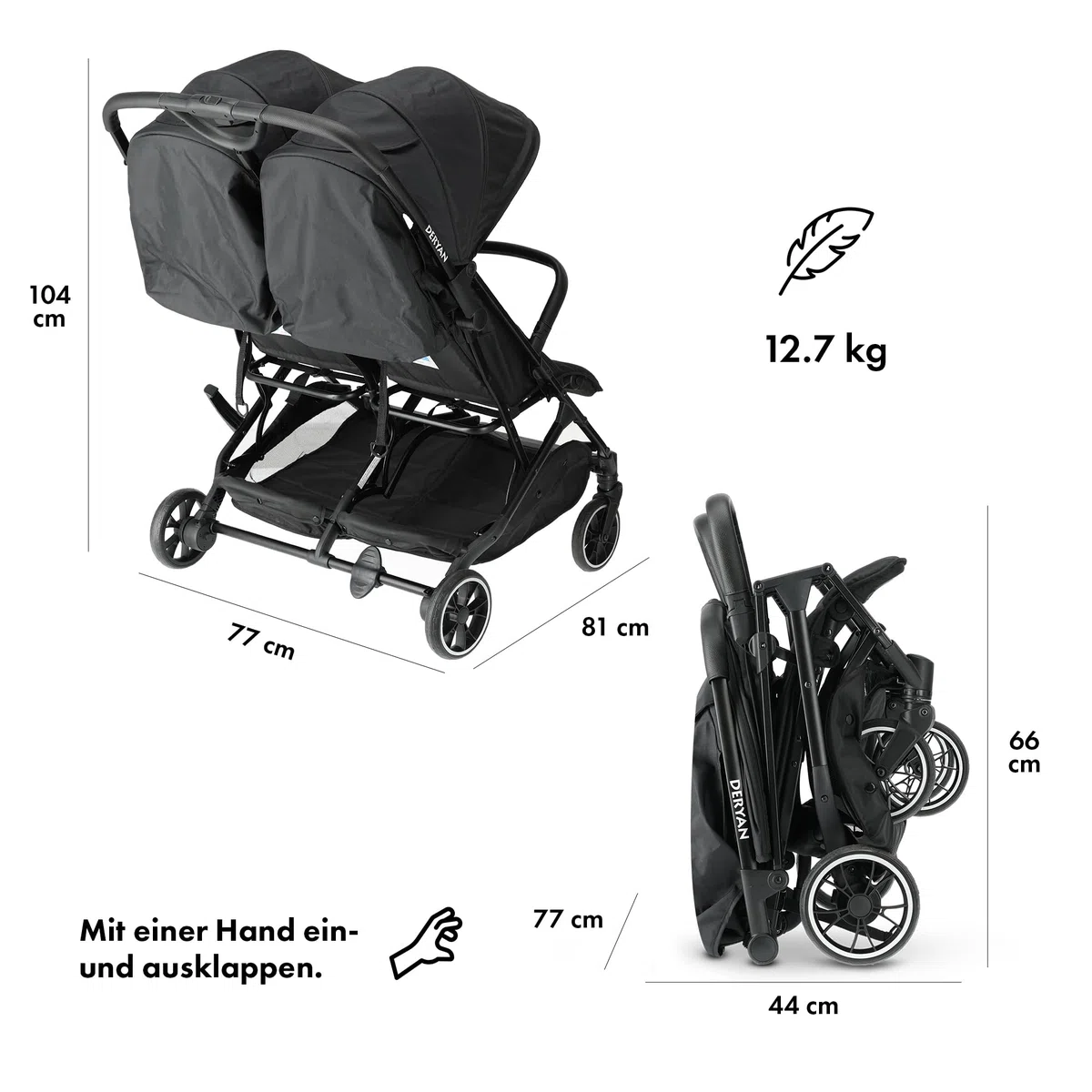 Deryan Rolo X2 Kinderwagen Buggy 2 in 1 - klappbar bis 44kg - Schwarz