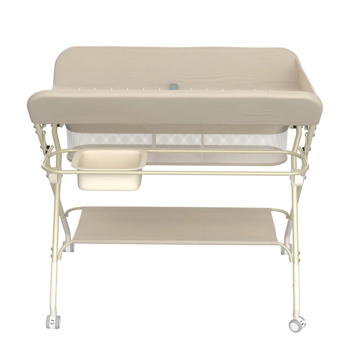 Wickeltisch, 3-in-1, Wickelkommode für Baby, von Geburt bis 12 Monate (bis 25 kg), Wickeltisch, faltbar, tragbar, Wickeltisch für Babys, mit 4 Rollen,75 x 68 x 83–91 cm (Cremeweiß)