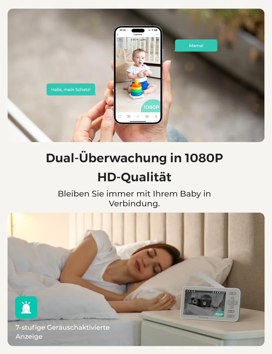 Dr.Care VistaView Lite WLAN Babyphone mit Clip-Halterung – 4" 720P Split-Screen & 1080P Kamera, App-Steuerung, Bewegungsalarm, Nachtsicht, 2-Wege-Audio, Aufnahme