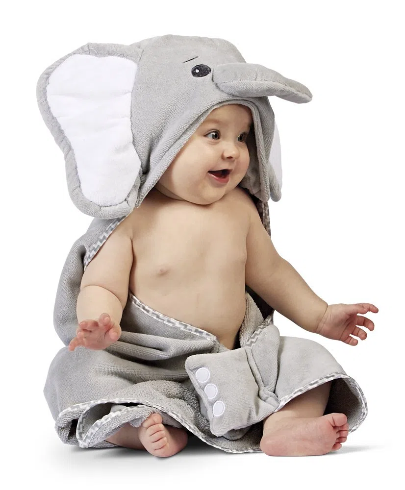 Bearington Collection Badetuch mit Elefantenhaube und Lil Pfeife für Unisex Baby 24" x 24" Grau