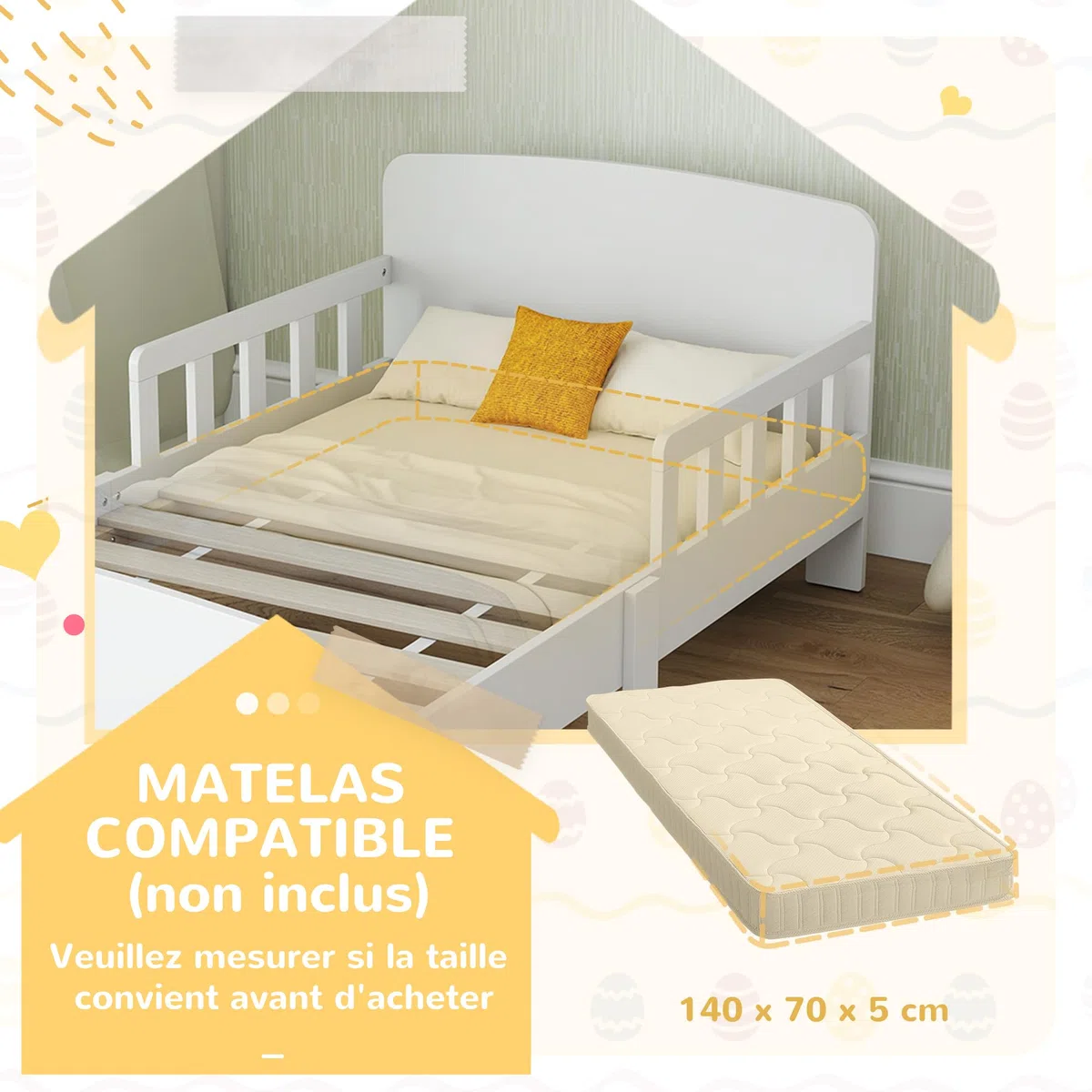 AIYAPLAY Kinderbett, Kinderbodenbett mit hohen Sicherheitsgittern, Lattenrost und stabilem Rahmen, für Mädchen und Jungen von 3 bis 8 Jahren, geeignet für Matratzen 140 x 70 cm, weiß