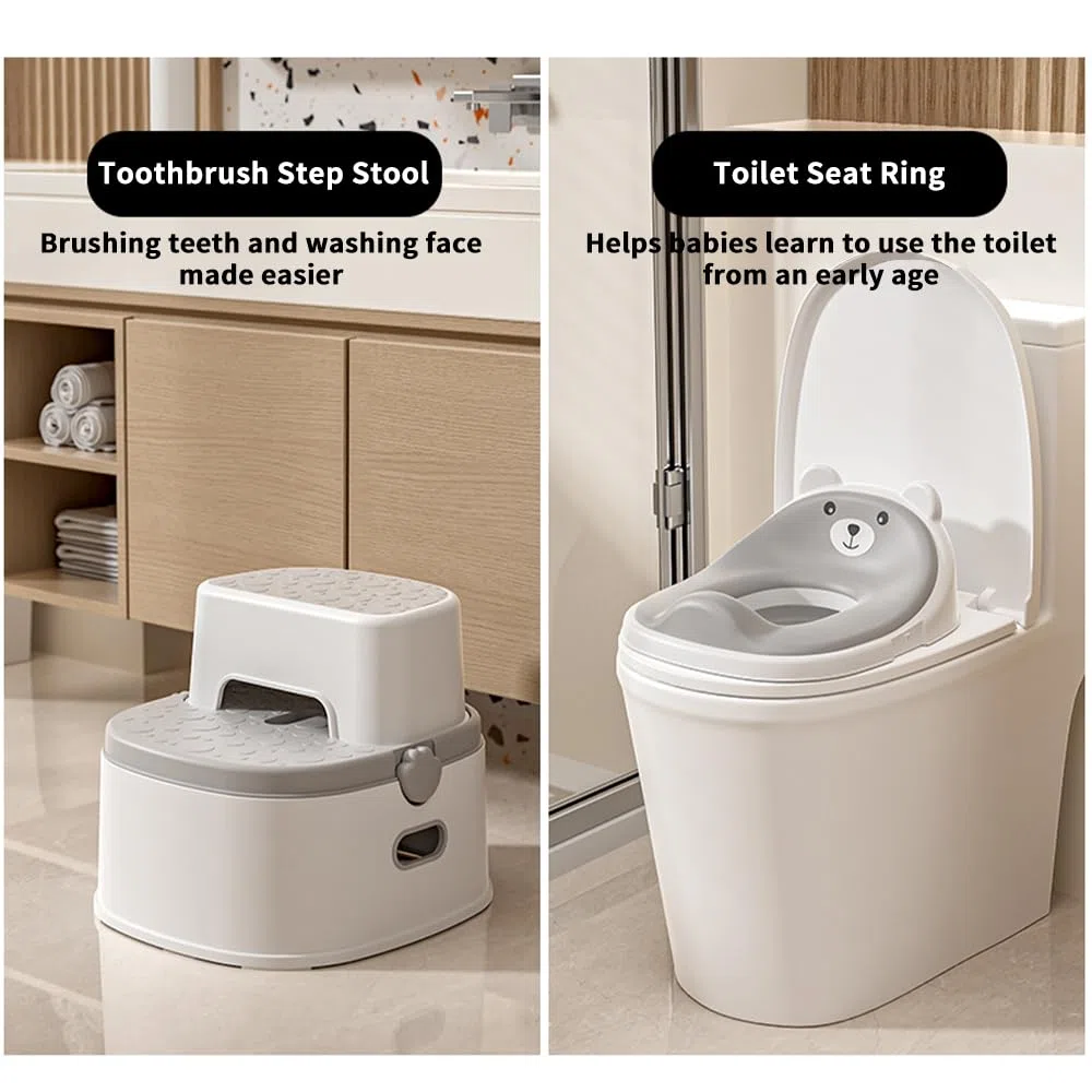 Töpfchentraining-Toilettensitz für Kleinkinder, multifunktionales tragbares Töpfchen mit Spritzschutz, verstaubares Design mit Fußhocker, minimalistischer schlanker Optik, leicht zu reinigen (Grau)