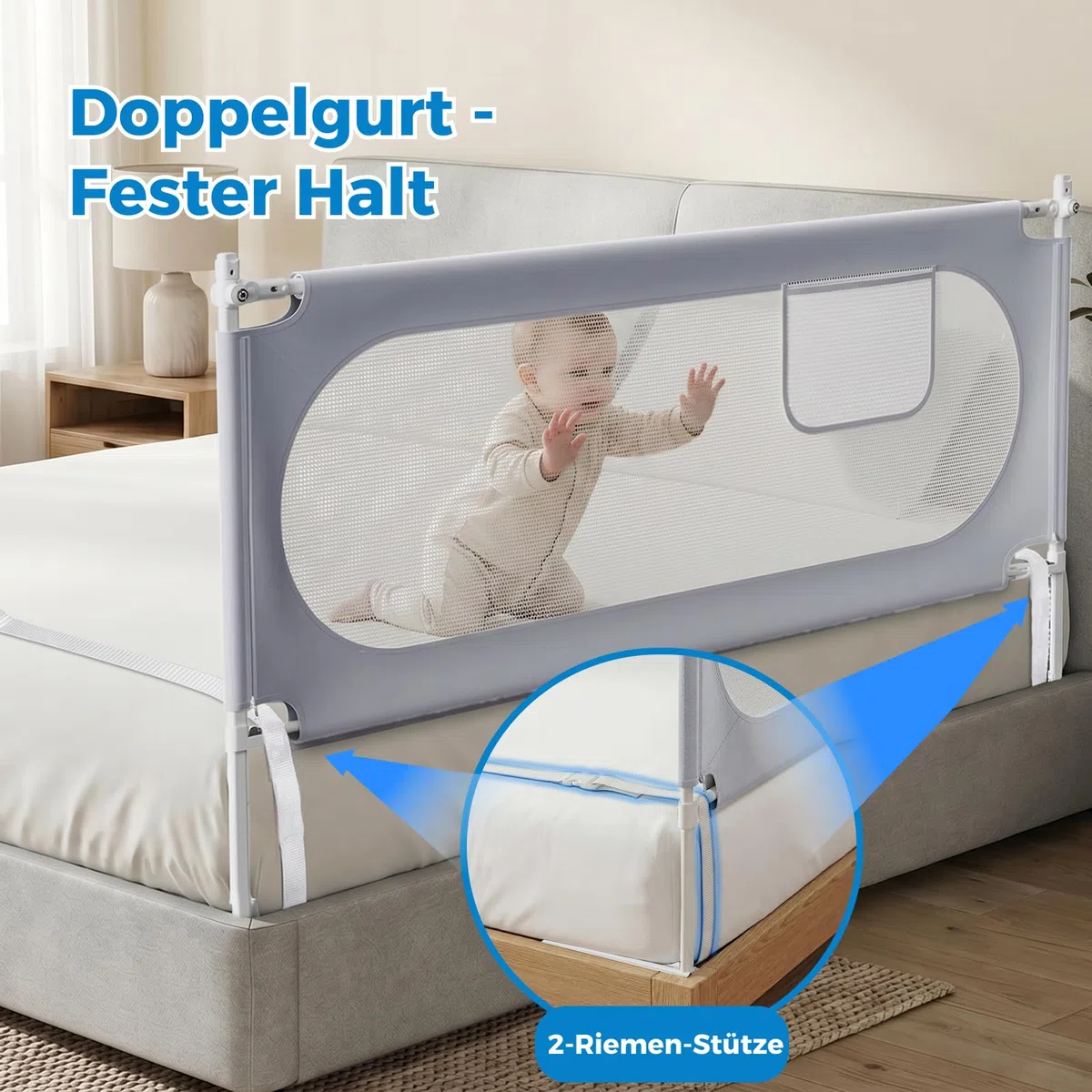 Stabiles Bettgitter 200cm – Rausfallschutz Bett U-förmiges für Boxspringbetten und die meisten Bettarten, Bettschutzgitter mit 2 Sicherheitsgurten für Kleinkinder geeignet