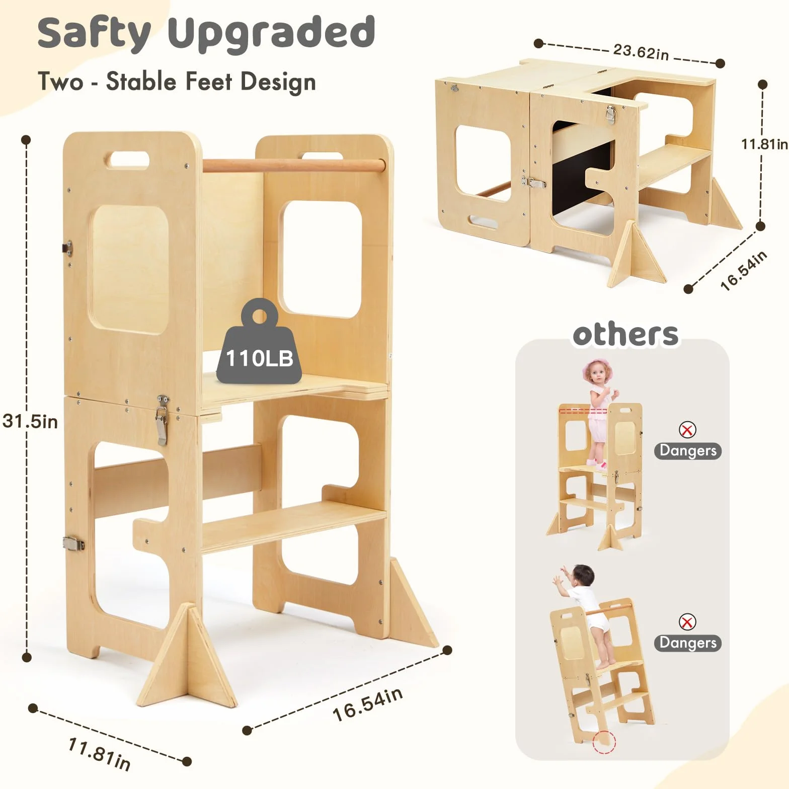 Labebe Lernturm für Kinder, Faltbarer Montessori Learning Tower, 3 in 1 Tritthocker Lernstuhl Kinderhocker mit Tafel, Montessori Küchenhelfer Lernturm ab 18 Monate (Holz)