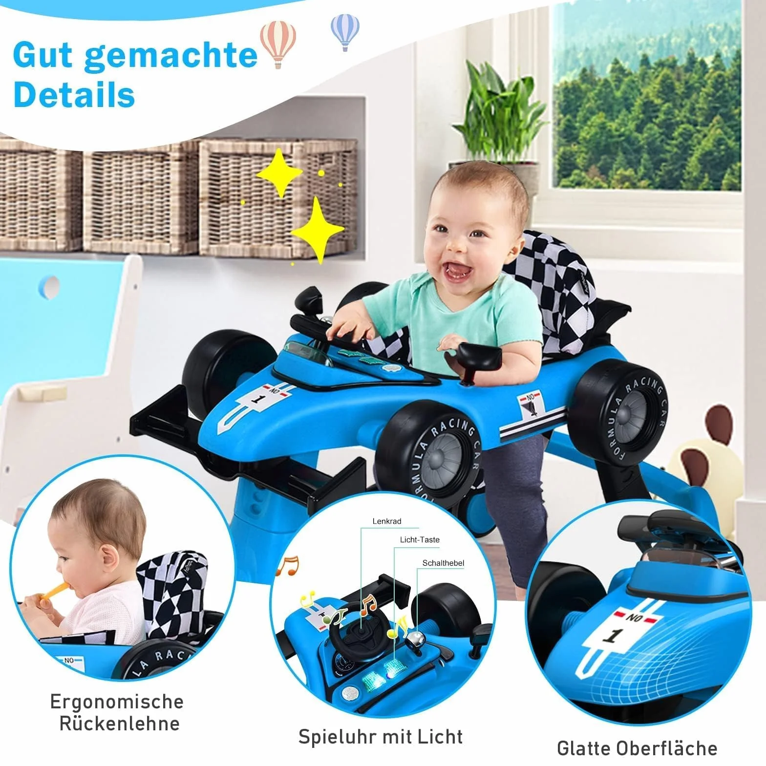 COSTWAY 4 in 1 Lauflernhilfe, Lauflernwagen klappbar mit einstellbarer Höhe & Geschwindigkeit, Baby Walker Autoförmig mit Musikbox, Licht & Rädern, Gehfrei Baby ab 6 Monaten, 12kg Belastbar (Blau)