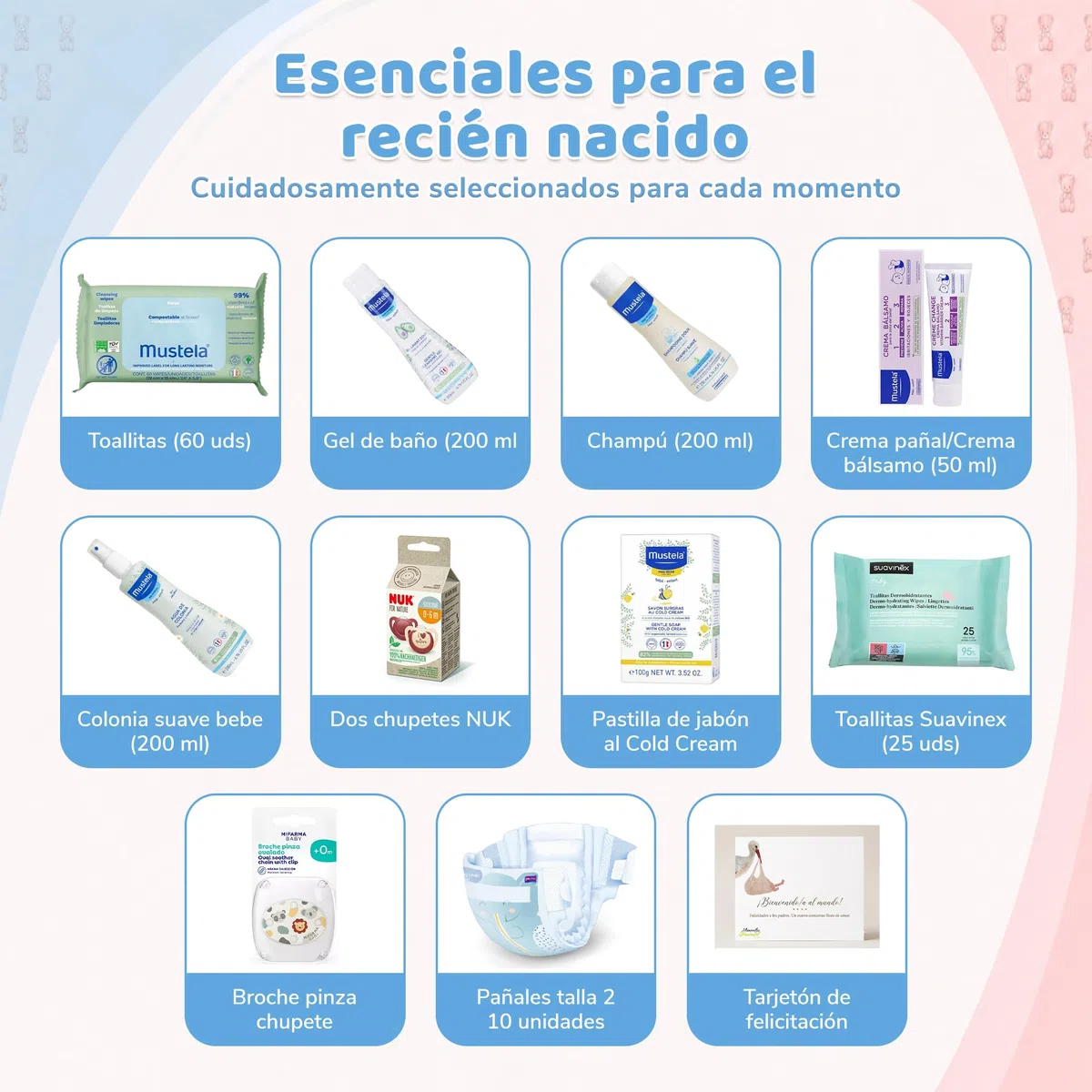 Geschenkkorb für Babys | Enthält Gel, Shampoo, Eau de Cologne und mehr | Schnuller und Clip 0-6 Monate | 10 Windeln Größe 2