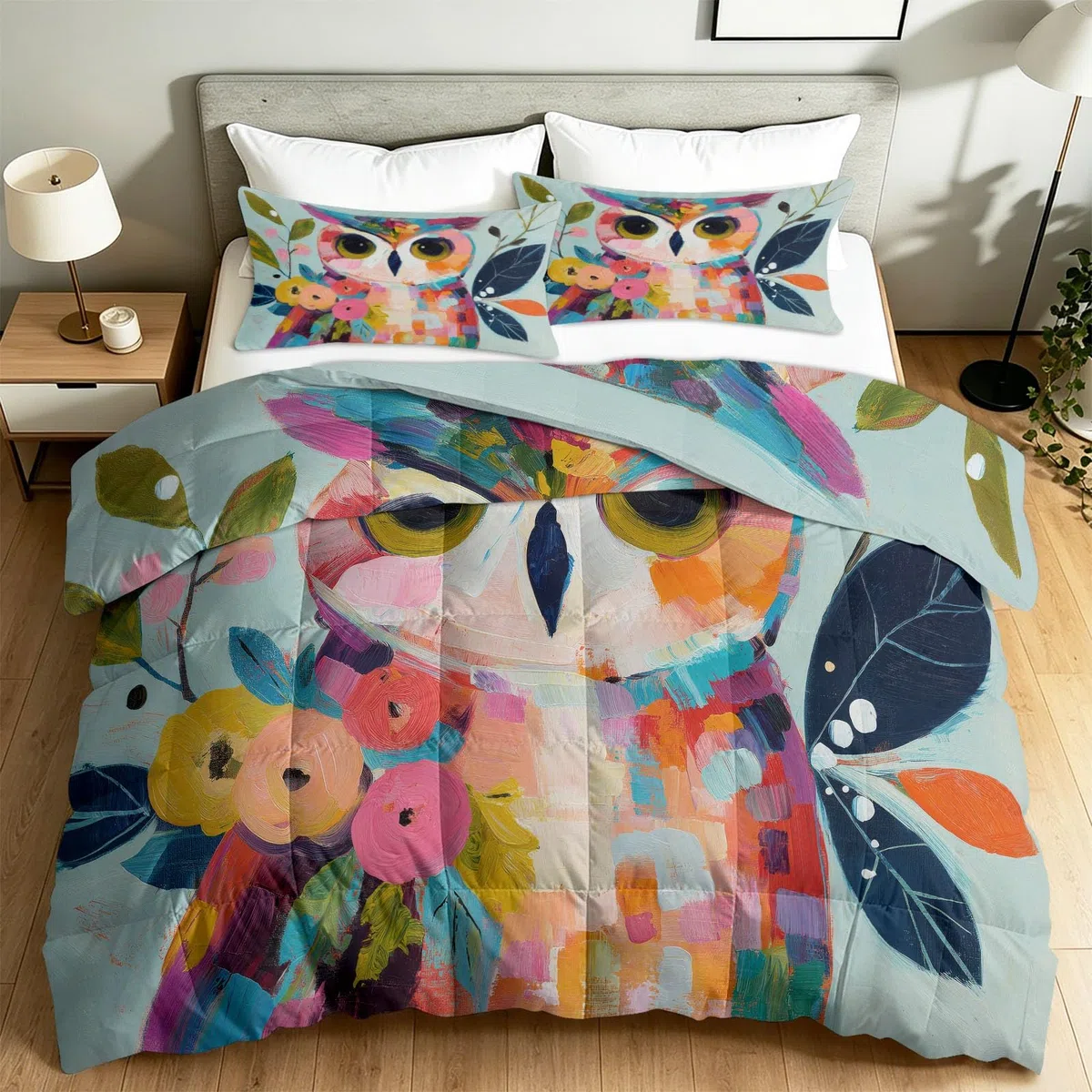 Bettdecke 135x200 cm 4 Jahreszeiten Boho Schick Eule Blumen Steppdecke Atmungsaktiv Ganzjahresdecke Blau-Grün Waschbar mit 2 Kissenbezug